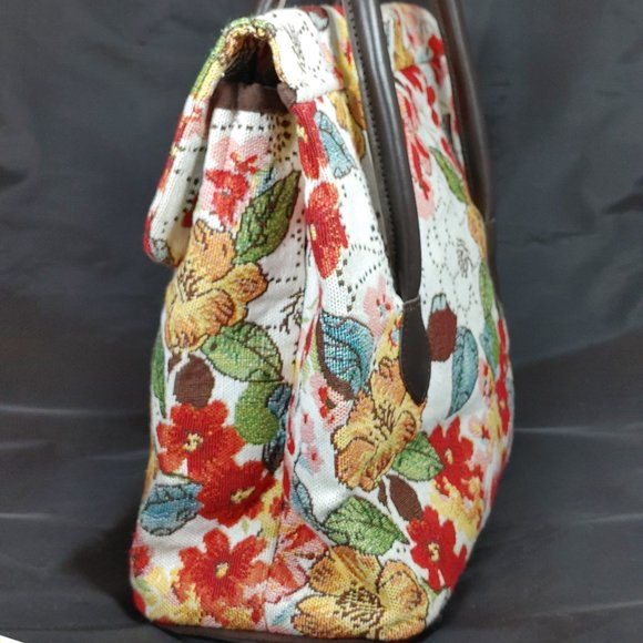 Sander Bags & More Vtg Red Floral Tapestry Tote Bag/Purse Brown Leather Handles - Picture 2 of 7
